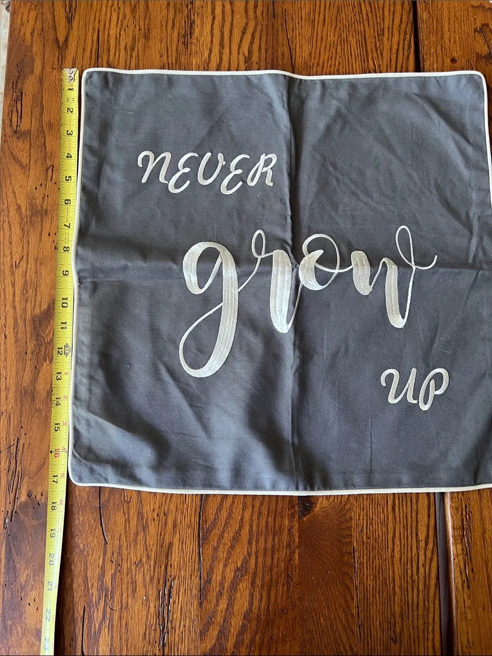 Embroidered Gray Decorative Pillow Cover with Script 